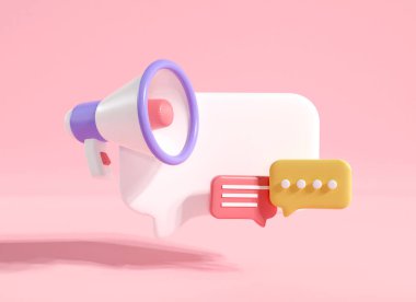 3d render megaphone speaker with bullhorn message. loudspeaker promotion marketing concept. isolated pink background. social media advertising symbol. 3d rendering illustration cartoon minimal style.