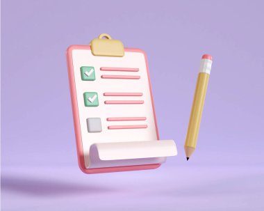 3D clipboard checklist and pencil isolated on purple background. note paper management check. Business time document marking task. working plan to success. 3d render illustration minimal style.
