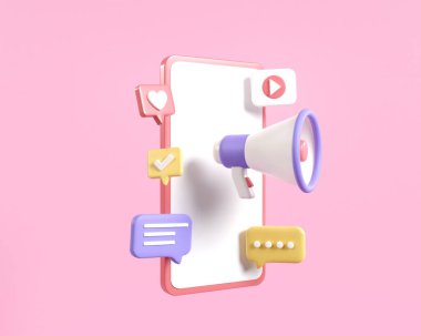 3d smartphone and megaphone announce marketing. business social media platform. mobile marketing online with speech bubble concept. 3d render illustration cartoon minimal style.