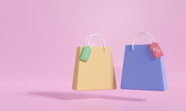 3d shopping paper bag with discount card. copy space for text input. online shopping and e-commerce. isolated on pink background. 3d render illustration minimal style.