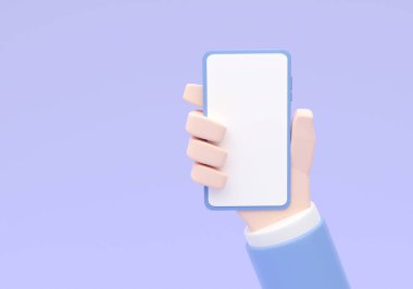 3D hand holding smartphone isolated on blue background. Cartoon hand use mobile. render illustration minimal style. copy space for text input.