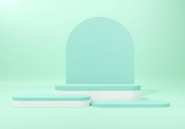 3d cylinder podium green background. pedestal for display advertising products. stand to show cosmetic products. 3d render illustration minimal style.