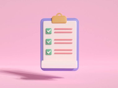 3d paper clipboard with green checklist management. Positive business marked.  survey concept. 3d render illustration minimal style. isolated on pink background.