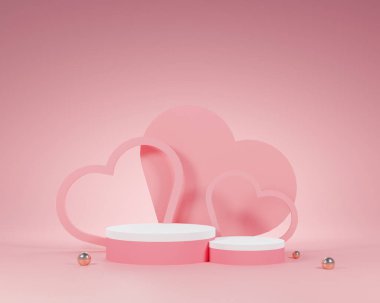 podium valentines day with heart on pink background. mockup background 3D love rendering. products minimal display romantic.