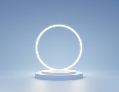 minimal scene circle podium on blue background. mockup 3d rendering for product display presentation. Blank pedestal shape standing backdrop.
