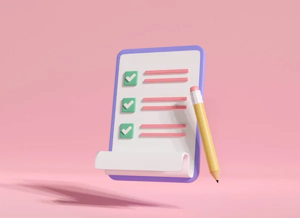 3D white clipboard with business paper checklist and pencil. 3d render illustration minimal style. note paper management check on pink background. Business time document marking task. working plan.