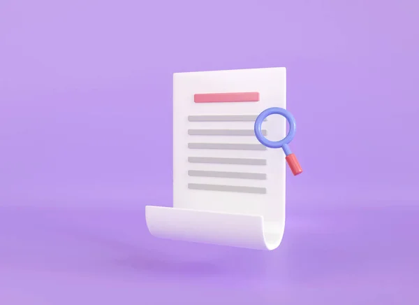 3d render search document icon paper. isolated on purple background. worksheet project plan in office. Assignment and review. 3d rendering illustration minimal style. clipboard task symbol.