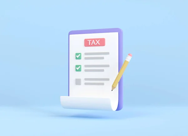 3d paper checklist with pencil on blue background. business document tax payment on clipboard. task management time planning symbol. completed task list icon. 3d render illustration minimal.