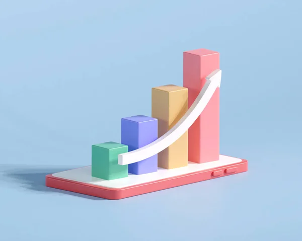 3d graph growth for business on mobile. business finance invesment concept. stock chart market up. isolated on blue background. trend trading applications smartphone. 3d render illustration cartoon.