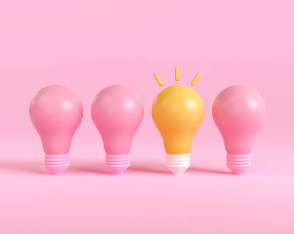 3d outstanding light bulb different pink light bulbs. creative thinking innovation concept. 3d render illustration cartoon minimal style. isolated on pink background. Turned off and glowing lamps.