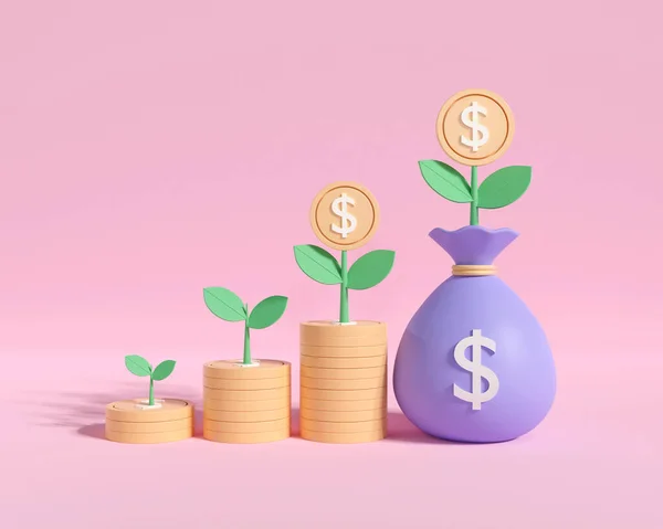 3D tree money growth with gold coin stack isolated on pink background. Concept of saving money for future. business financial investment and income. economy market banking. 3d render illustration.