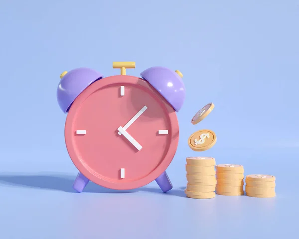 Alarm Clock Time Gold Coins Stack Management Time Money Concept — Stockfoto