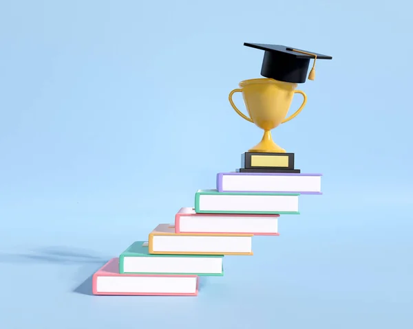 Books step with trophy graduation cap on top. knowledge learning concept. congratulation for success education. study in school concept. 3d render illustration cartoon minimal style.