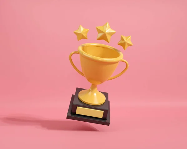 3d award trophy with star. Champion gold cup. winner prize successfully concept. 3d render illustration minimal cartoon style. isolated on pink background