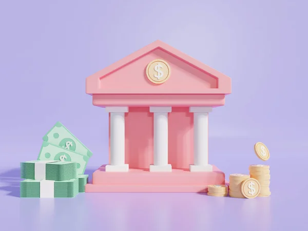 3d bank deposit and coin and banknote. online money saving concept. bank transfer service. business financial management. 3d render illustration minimal style. isolated on purple background.