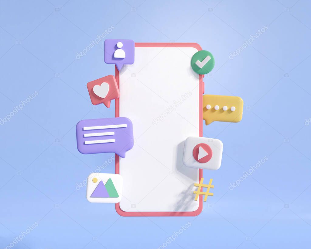 3d smartphone social media communication application platform. mobile online technology network with love, chat icon, video and photo gallery. 3d render illustration minimal style.