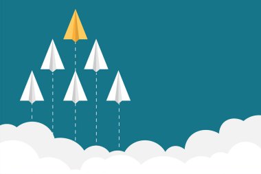 Different yellow paper plane with white clouds.Team leader for success. Business management concepts. Vector illustration in flat design. Copy-space for text.