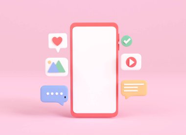 3d smartphone social media applications online concept. mobile social communication with copy space. phone with emoji, comment, love, video and photo icons.3d rendering illustration minimal style.