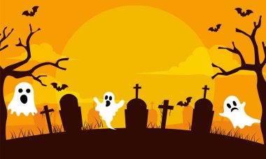happy halloween day poster  with pumpkin, ghost and grave background. Full moon in orange sky night scary. vector illustration in flat style. copy space place for text.