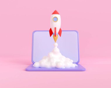 3D roket fırlatma bilgisayarda. Yeni iş kurma fikirleri. bilgi yaratıcılığını öğrenmek. İş başarısı konsepti. 3d resimleme karikatürü asgari biçim.