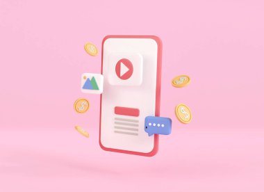 Pembe arka planda akıllı telefondan 3D sosyal medya. Fotoğraf galerisi, cep telefonu uygulamasında mesajlı video. Gelir çevrimiçi çalışıyor. Arayüz uygulama simgesi. 3d resimleme en düşük biçim.