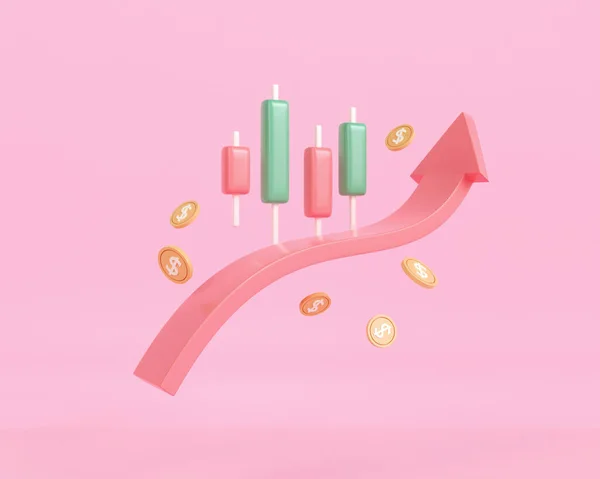 Render Arrow Trading Growth Stock Chart Coins Pink Background Business — Stock Photo, Image