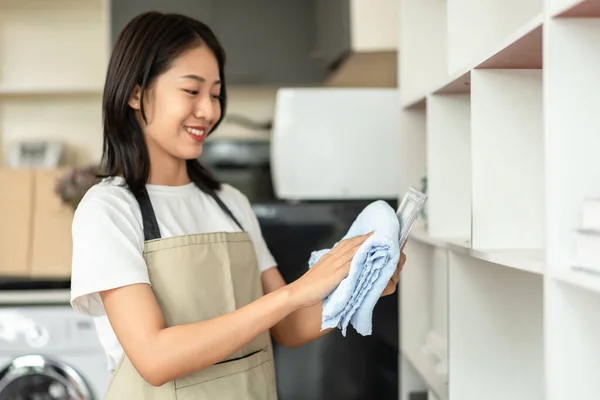 Half Japanese Housewife Cleaning Showcase Shelving Living Room Clean Weekends — Stock fotografie