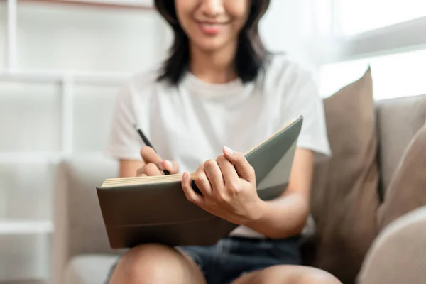 Half Japanese Woman Writing Diary Sofa Her Living Room Daily — Foto de Stock