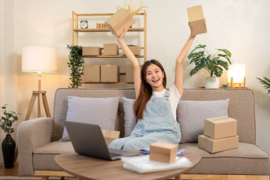 Genç girişimci karton kutular tutuyor ve satış ürünlerinde başarılı bir şekilde kollarını kaldırırken aynı zamanda kanepede oturuyor ve merkez ofisteki oturma odasında çalışıyor..