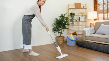 Temizlikçi, temizlik için elektrikli süpürgeyle temizlik yaparken oturma odasındaki kirli kaplamaları süpürüp silmek için paspas kullanıyor..
