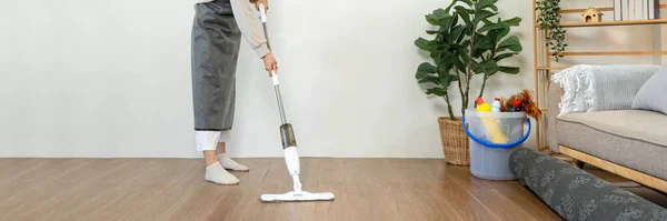 Temizlikçi, temizlik için elektrikli süpürgeyle temizlik yaparken oturma odasındaki kirli kaplamaları süpürüp silmek için paspas kullanıyor..