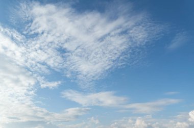 Blue and cyan gradient coloured sky and white clouds floating on air. Astonishing view of harmony of cumulus and clear sky.