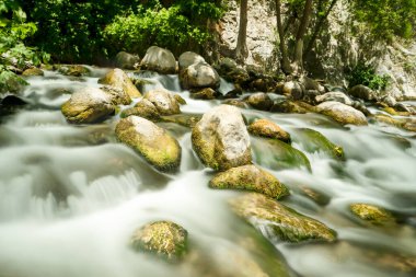 Long exposure photo of spilling spring water in Saklikent canyon, Fethiye, Turkey.