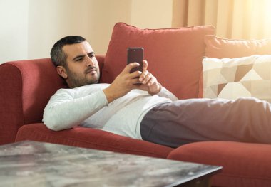 Handsome short haired man holding smartphone and sitting on the couch with his cat. Copy space