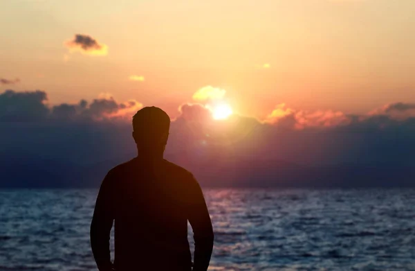 Back View Silhouette Photo Depressed Man Watching Sunset Solitude Abandone — Photo