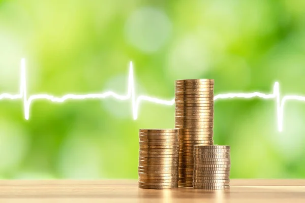 Close Photo Stacked Coins Heart Rate Symbol Health Care Concept — Stockfoto