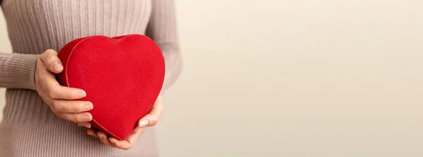 Close Photo Woman Holding Heart Shaped Box Isolated Background Concept — Stockfoto