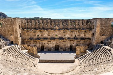 Wide angle photo of Aspendos ancient site in Antalya.