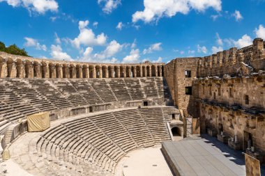 Wide angle photo of Aspendos ancient site in Antalya.