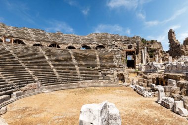 Close up photo of Amphi theatre in Side ancient city in Manavgat, Antalya.
