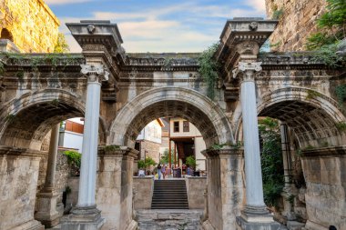 Close up summer photo of Antalya kaleici Hadrian gate.