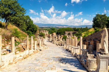 Curetes Street and Celsius Library in Ephesus ancient city. Cultural and history tourism concept.