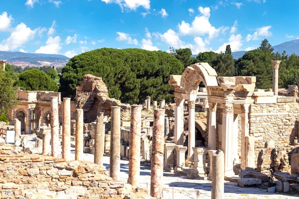 Curetes Street and Hadrian temple in Ephesus ancient city. Cultural and history tourism concept.
