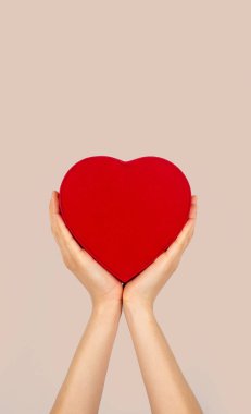 Hands holding heart shaped box with isolated background. charity and donation concept.