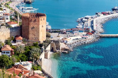 Close up photo of Red Tower which locally known as Kzl Kule in Alanya, Antalya, Turkey.