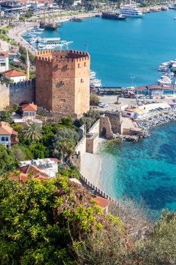 Close up photo of Red Tower which locally known as Kzl Kule in Alanya, Antalya, Turkey.