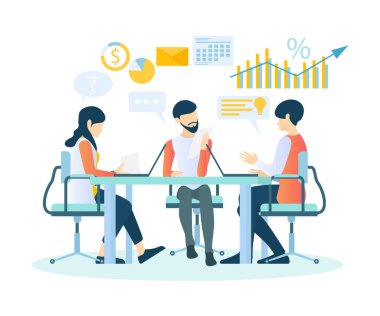 Isometric style illustration about a team having a business meeting and discussing business growth