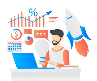 Isometric flat illustration of startup worker launching his app