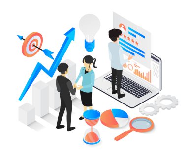 Isometric flat illustration of a team of freelancers at work