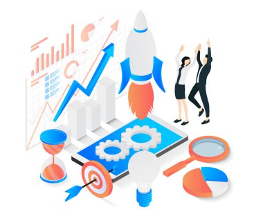 Flat isometric illustration of a startup worker team launching the app